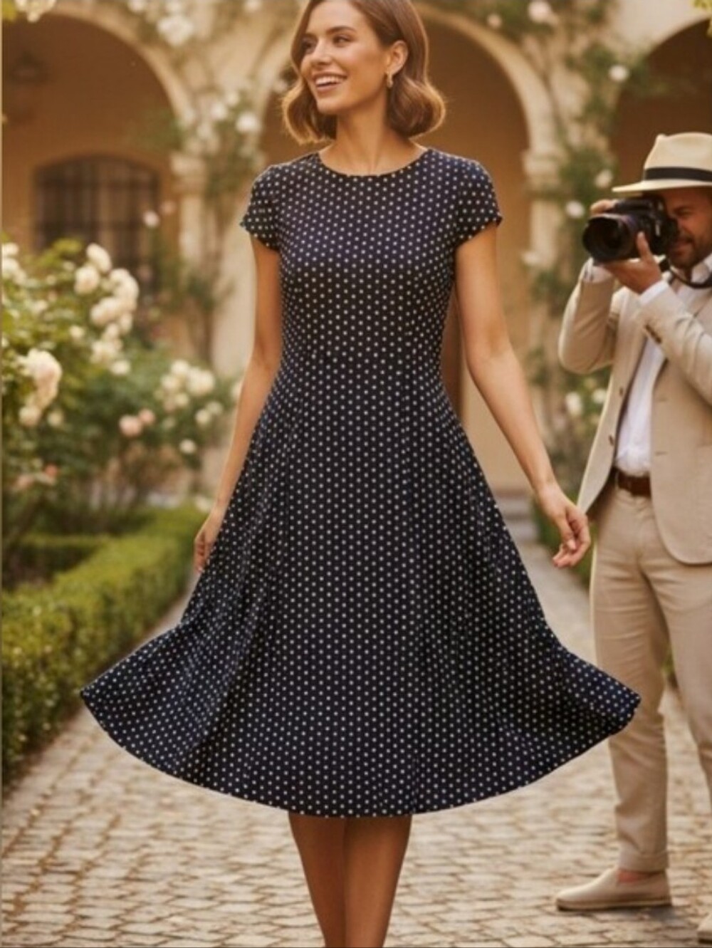 Eliza J Navy and White Polka Dot Midi Fit-and-Flare Dress